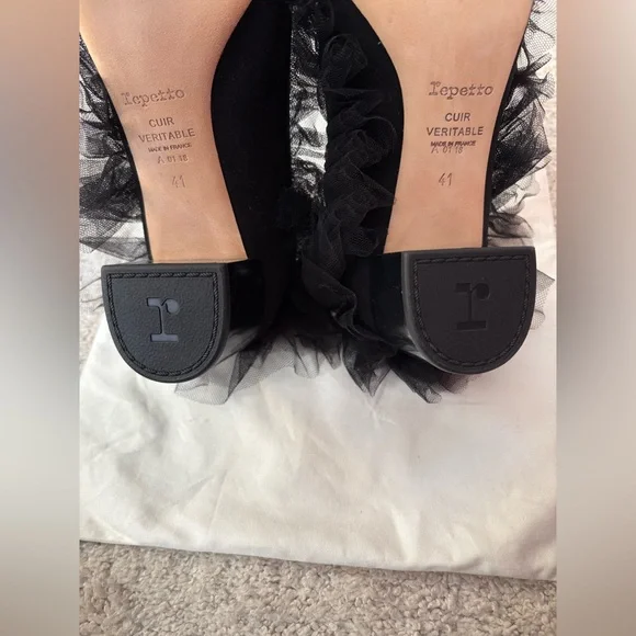 Repetto tulle trimmed black suede healed ballet shoe, size 41 - Picture 2 of 7